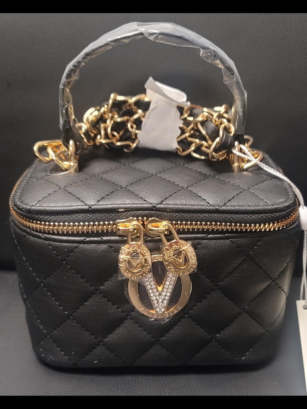 Valentino Orlandi Black Quilted Cosmetic Vanity Bag with Gold Chain